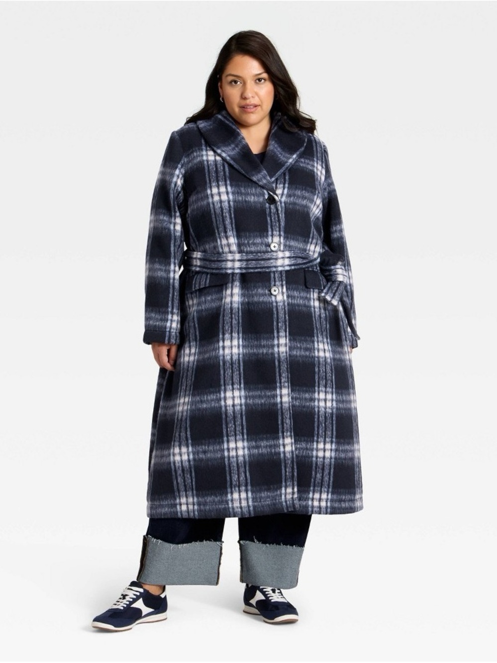 Ava & Viv Navy and White Plaid Long Trench Coat